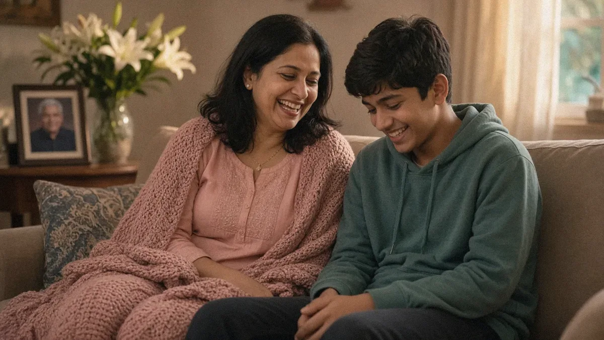 A mother and her teenage son laugh softly together on a living room couch, a framed photo of a man they miss on the table behind them